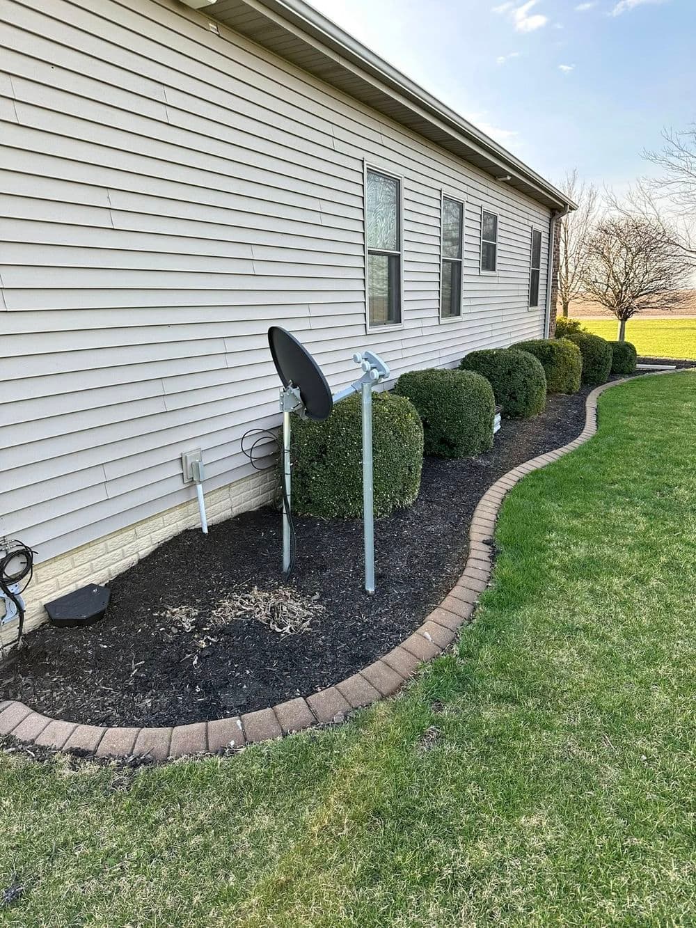 Satellite dish beside a house, surrounded by neatly trimmed bushes and landscaped garden.