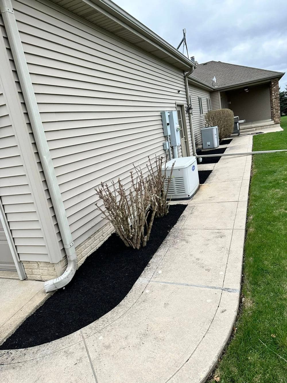 Side view of a house featuring landscaping, air conditioning units, and paved pathway.